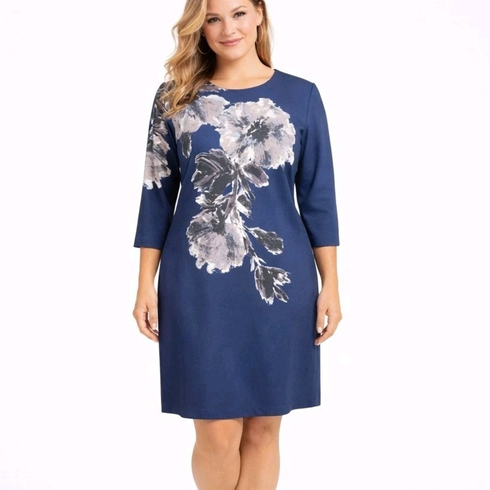 TAYLOR Size 6 Blue & Gray Floral 3/4 Sleeve Ponte Knit A-Line Versatile Dress